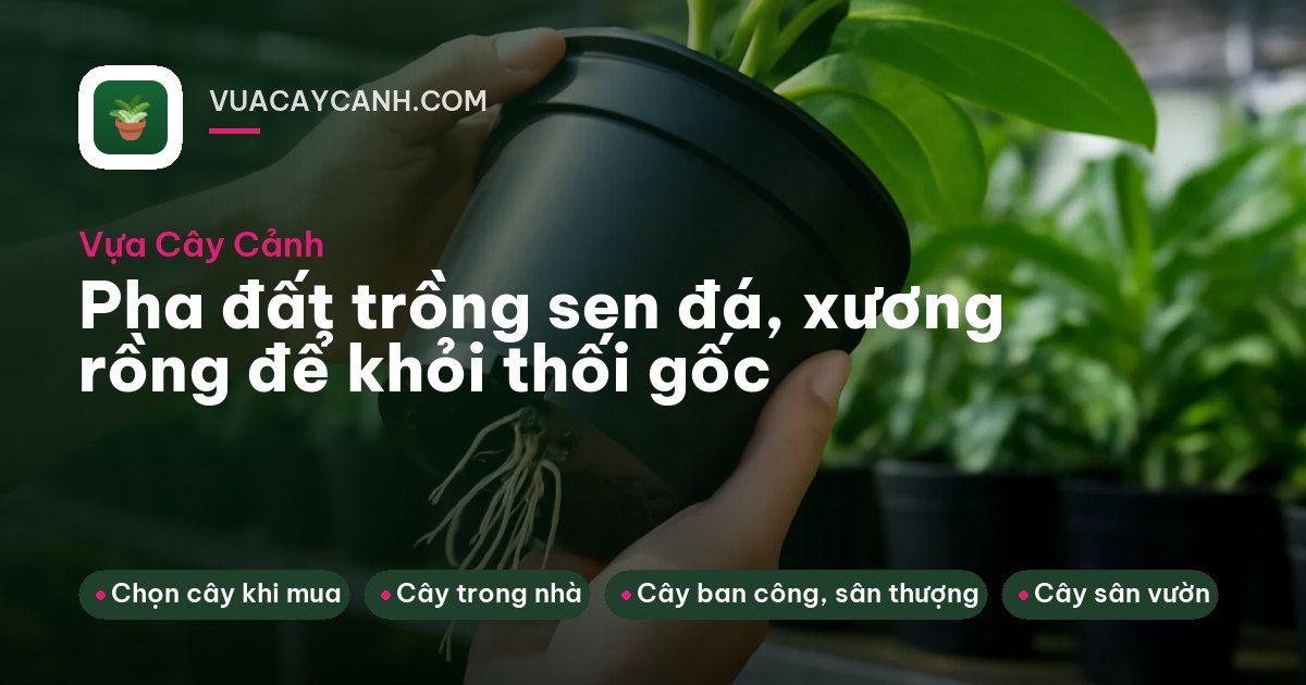 Khay sen đá non bên đống đá bọt, sỏi nhỏ và xẻng mini trên lan can