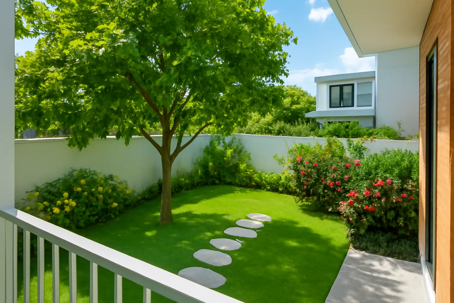 Sân vườn nhà phố nhìn từ ban công với cây tán, bụi hoa, lối đá
