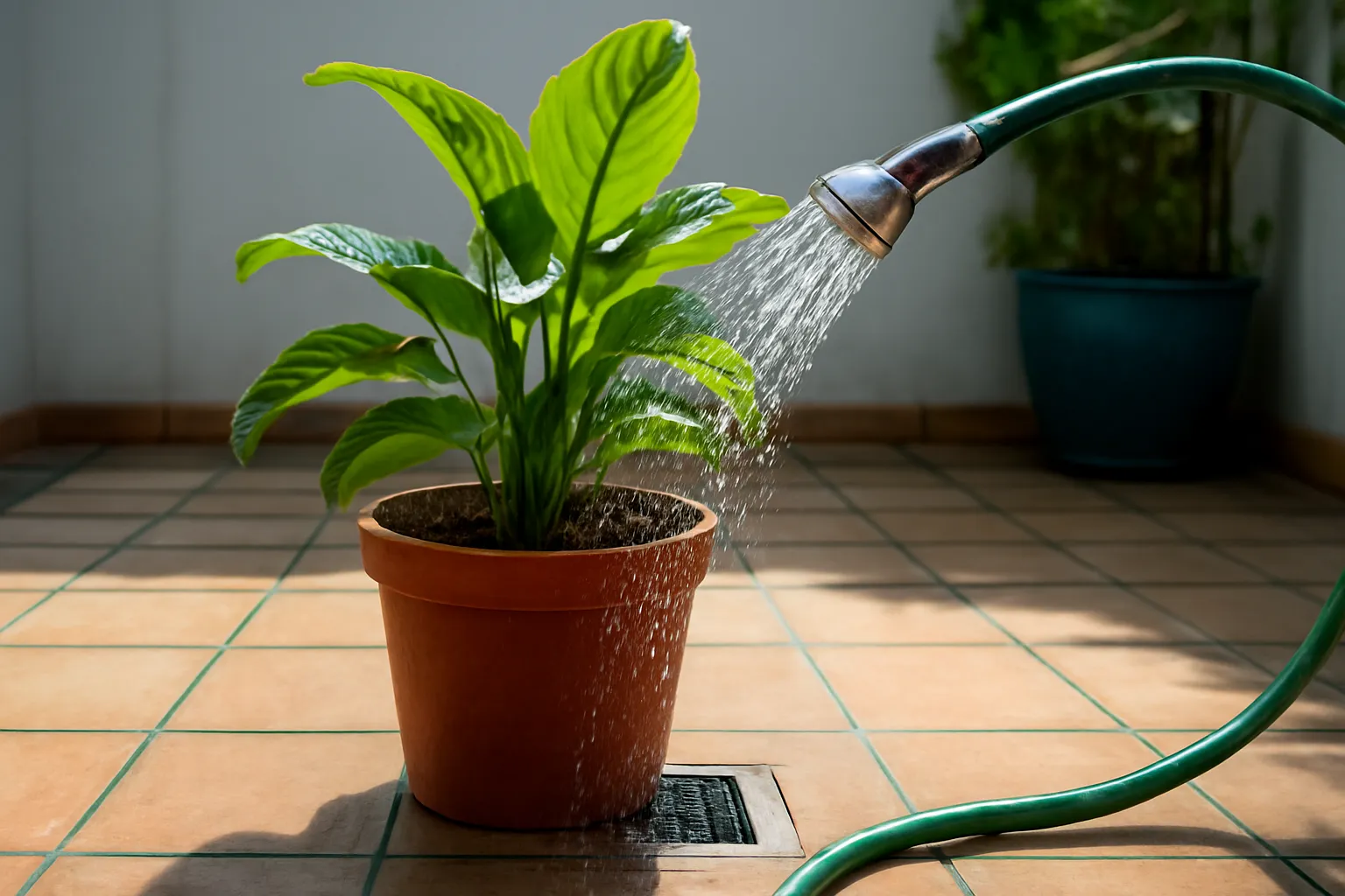 Nước chảy tuột qua lỗ đáy chậu cây vào chậu hứng, vòi sen tưới đẫm