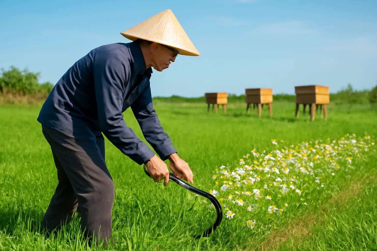 Người cầm liềm cắt một dải cỏ hẹp, chừa dải hoa dại, thùng ong phía xa