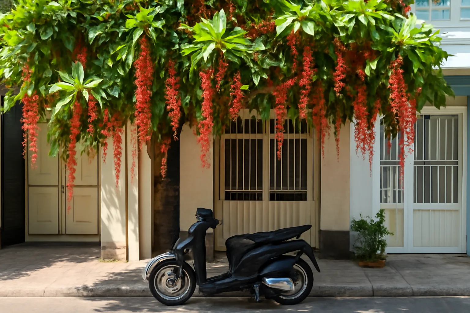 Cây lộc vừng tán vừa trước cổng nhà phố che bóng cho chiếc xe máy