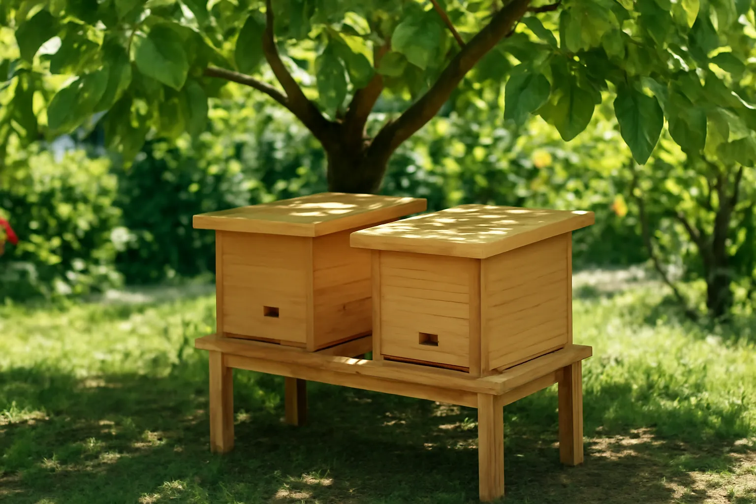 Hai thùng ong dú gỗ dưới tán cây lá rộng, nắng loang lổ trên nắp thùng