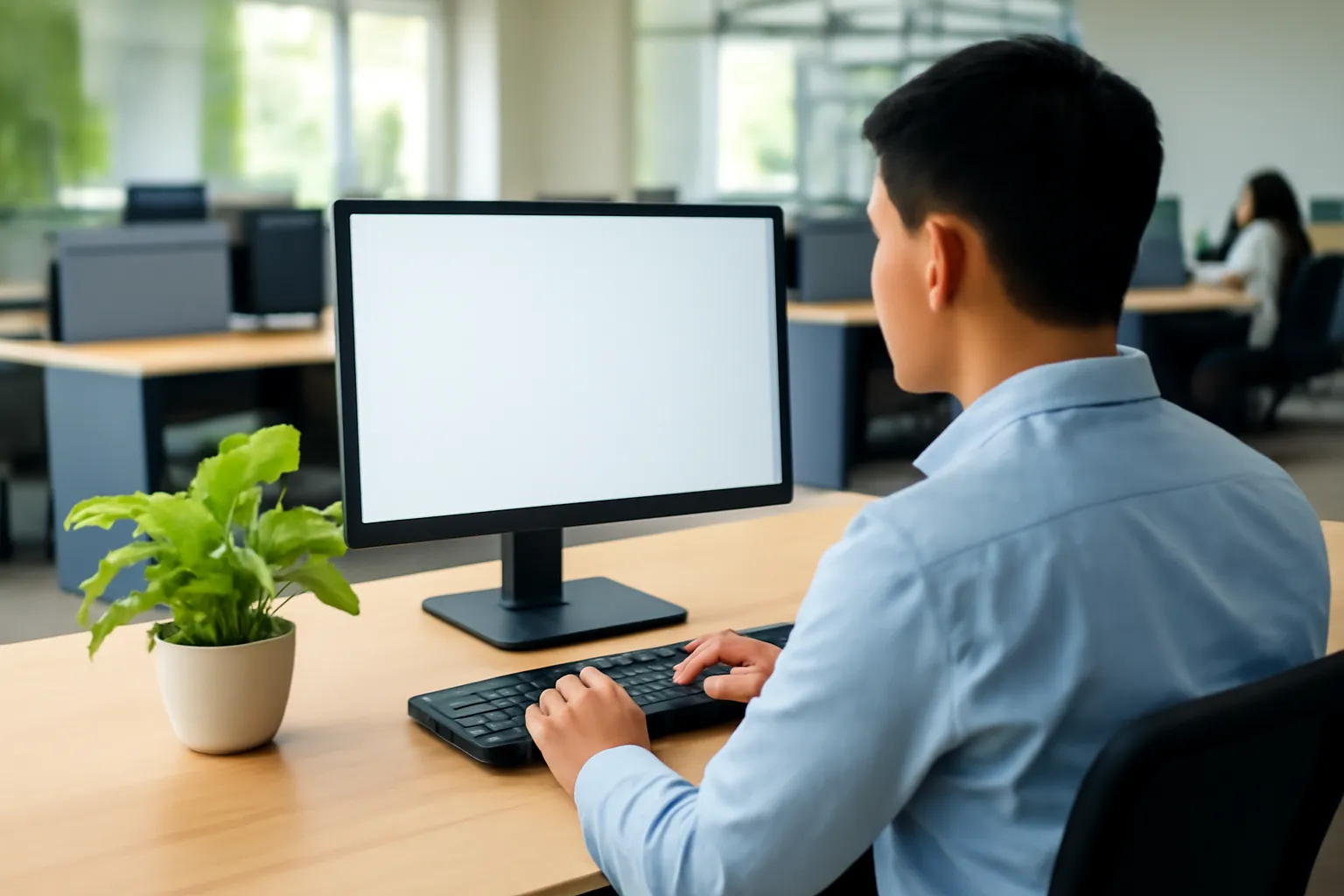 Chậu trầu bà nhỏ cạnh bàn phím trên bàn làm việc văn phòng