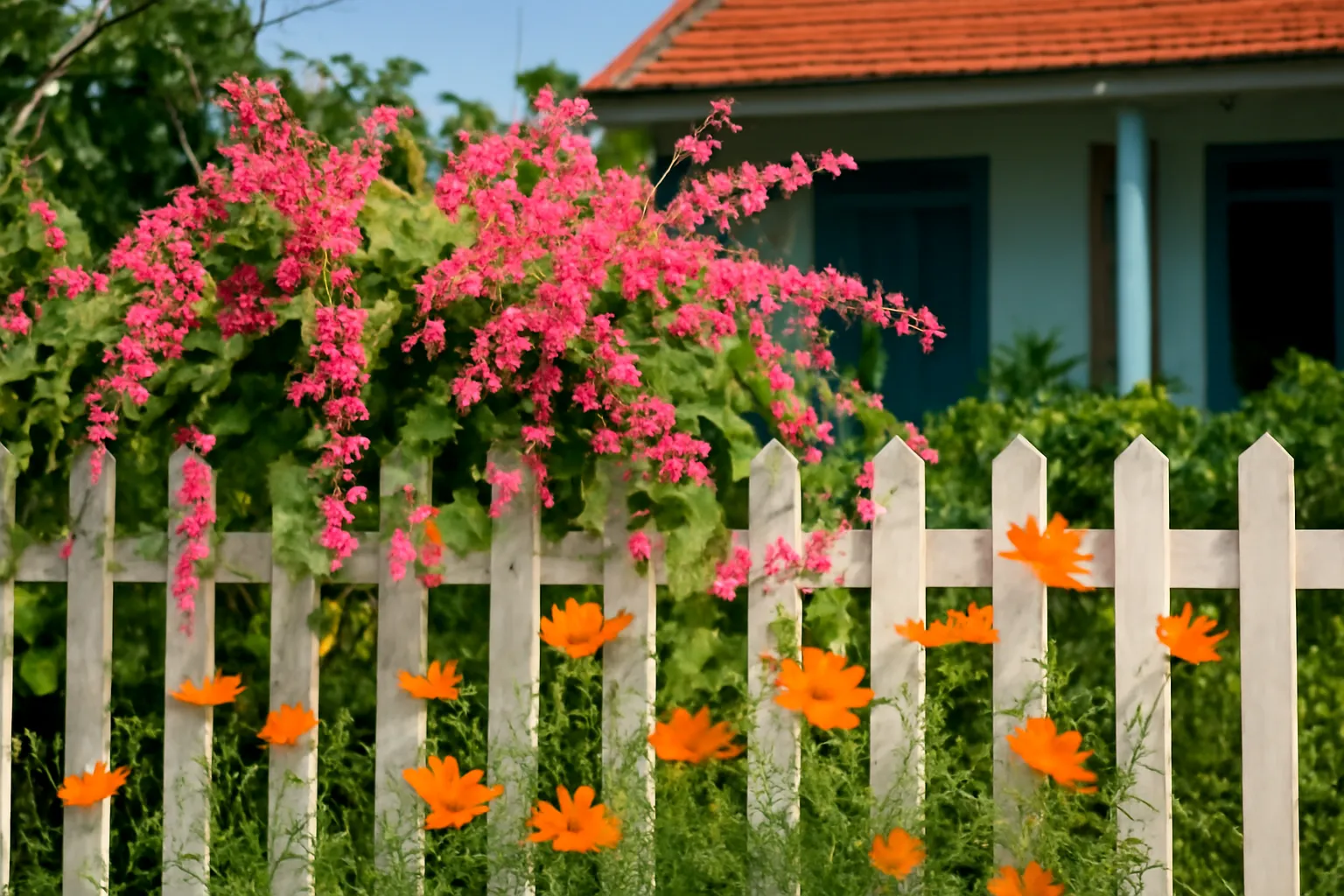 Hàng rào phủ dây ti gôn hồng và luống sao nhái cam trước nhà vườn