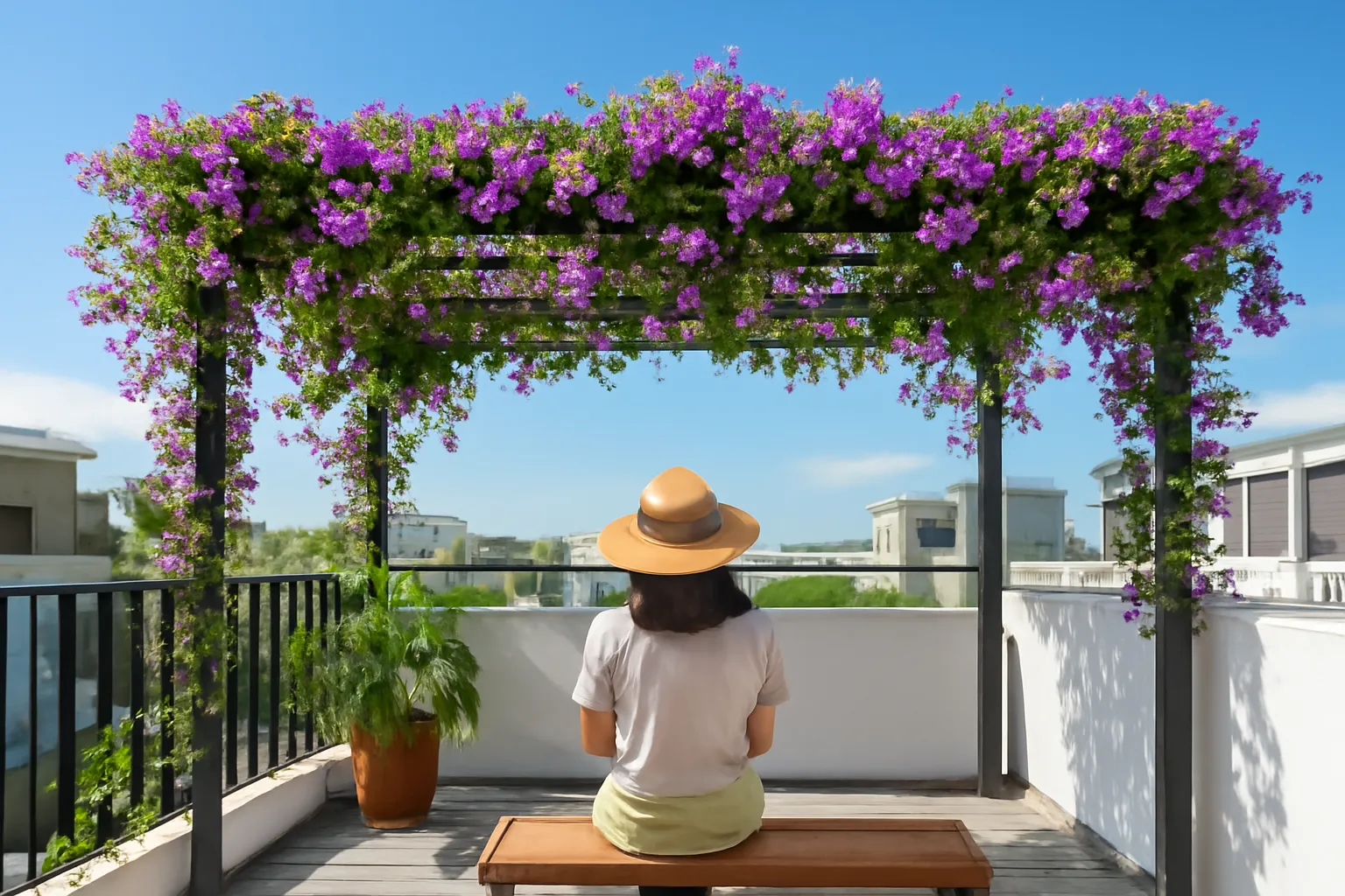 Giàn hoa cát đằng tím phủ khung sắt trên sân thượng nhà phố