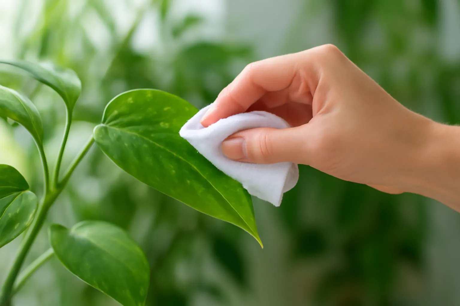 Bàn tay lau một chiếc lá trầu bà xanh bằng khăn ẩm, nền cây xanh mờ