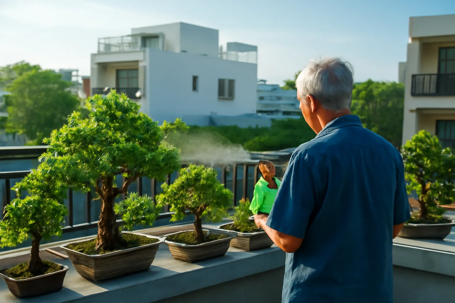Người lớn tuổi phun sương cho dãy bonsai trên sân thượng nhà phố buổi sáng