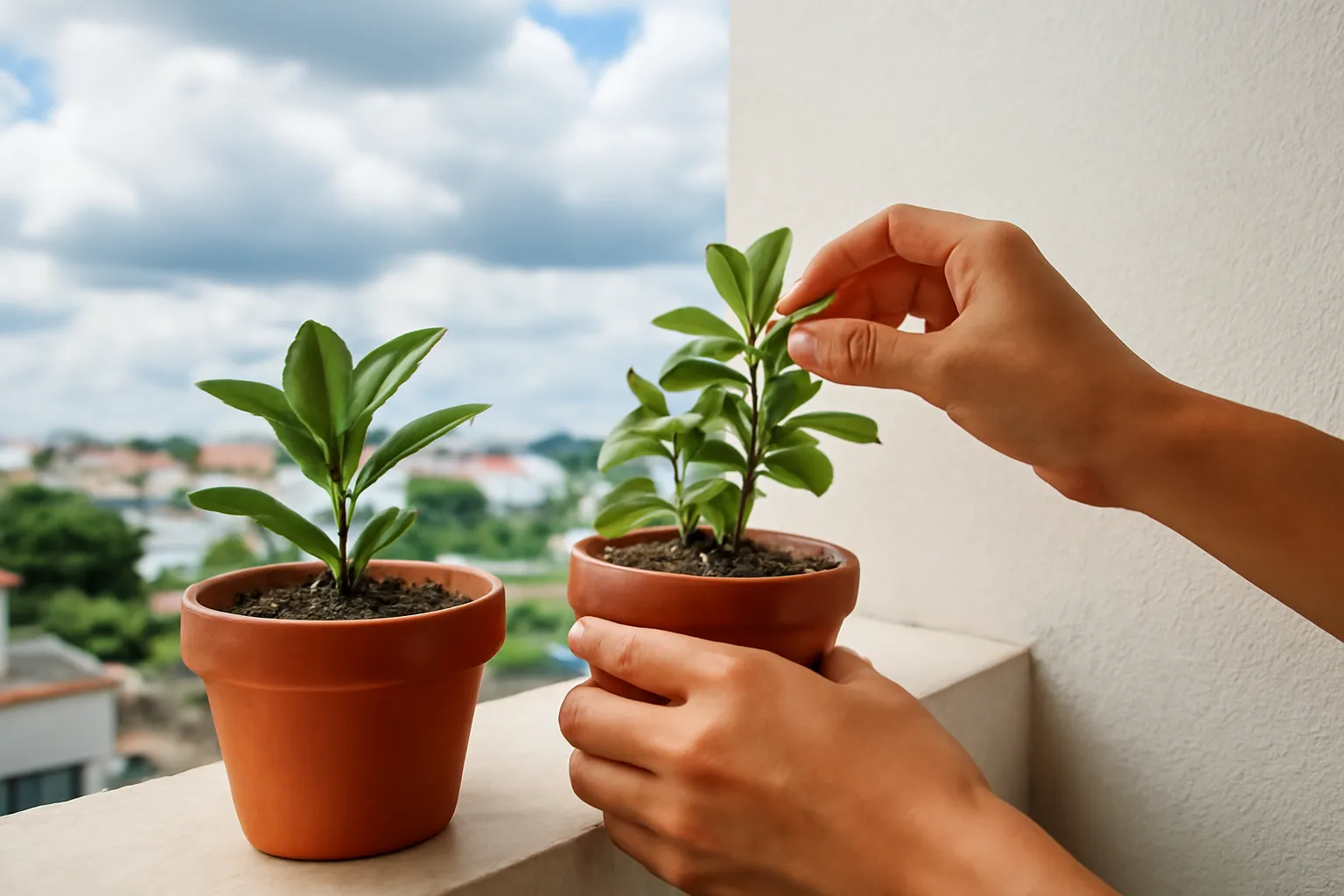Hai tay gom chậu cây nhỏ vào sát tường ban công trước cơn mưa lớn
