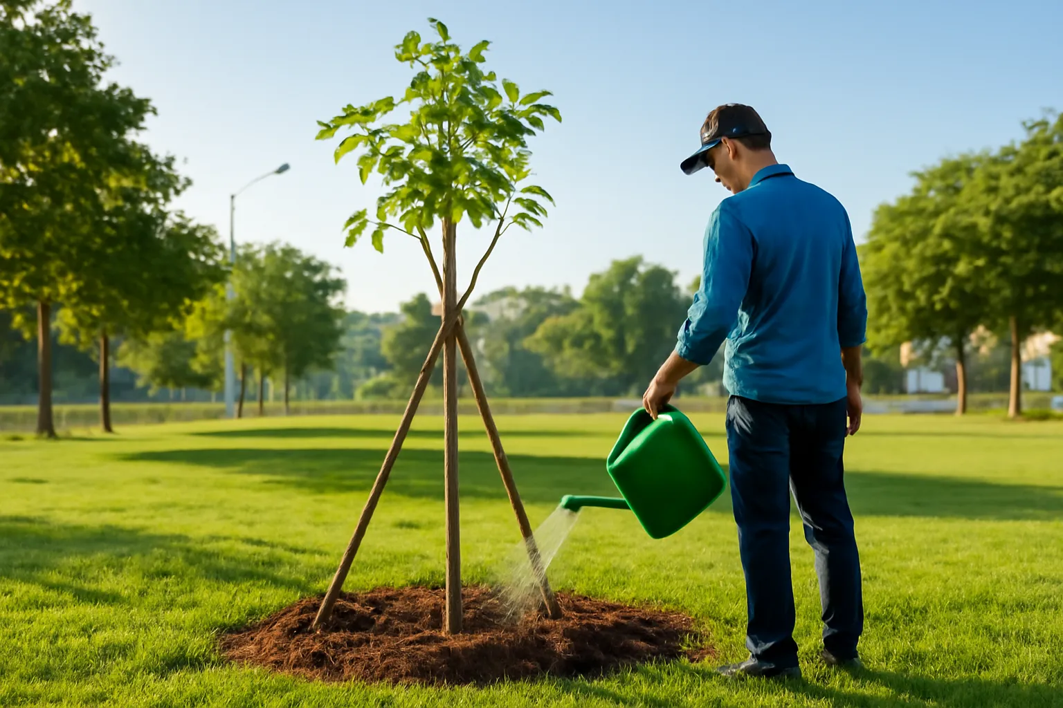 Người tưới gốc cây non có cọc tre chống ba chân trong sân buổi sáng sớm