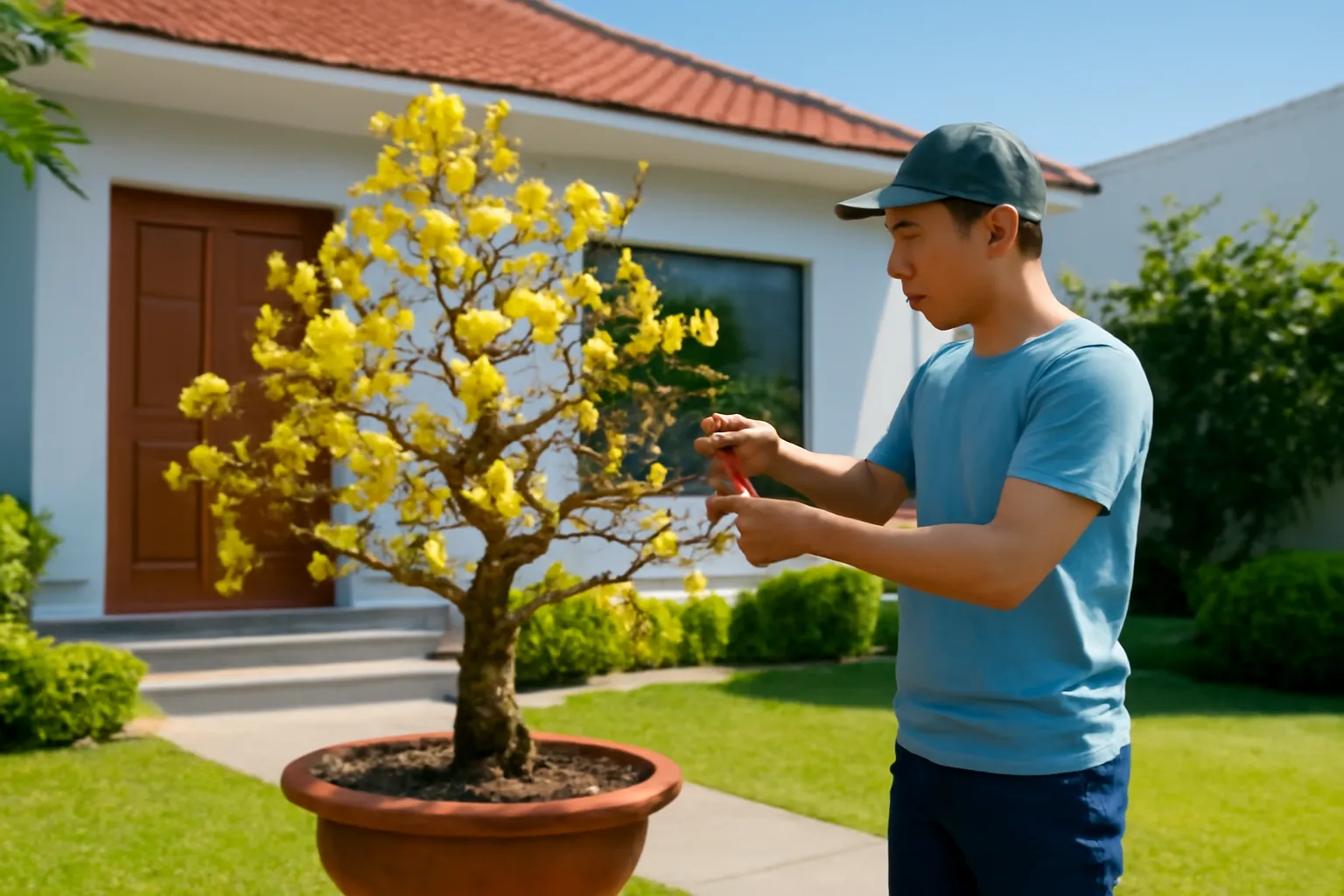 Người cầm kéo tỉa cành mai đã tàn hoa ở sân nhà, nhìn nghiêng từ xa
