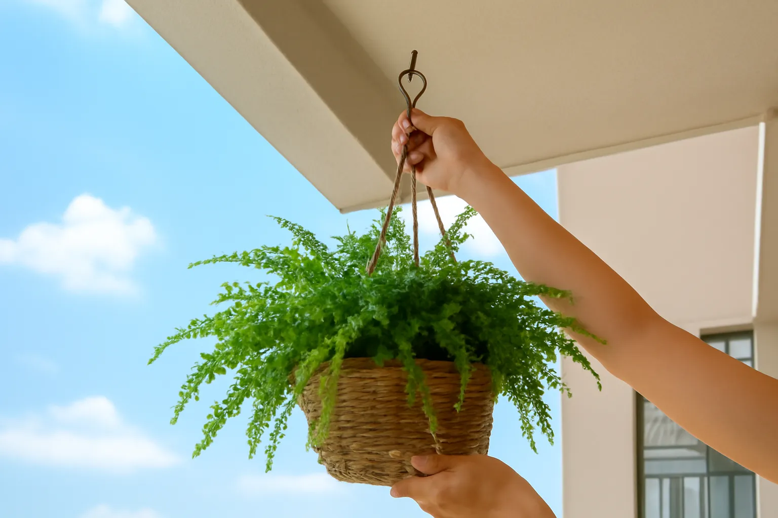Bàn tay siết móc treo chậu dương xỉ dưới trần ban công nhìn từ dưới lên