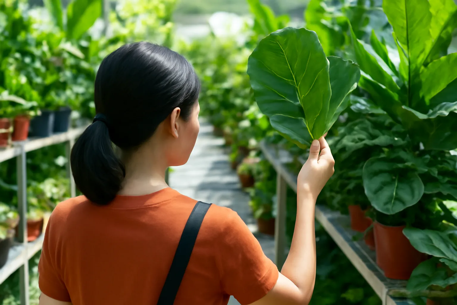 Người mua xem mặt dưới lá bàng Singapore giữa lối đi trong vựa cây