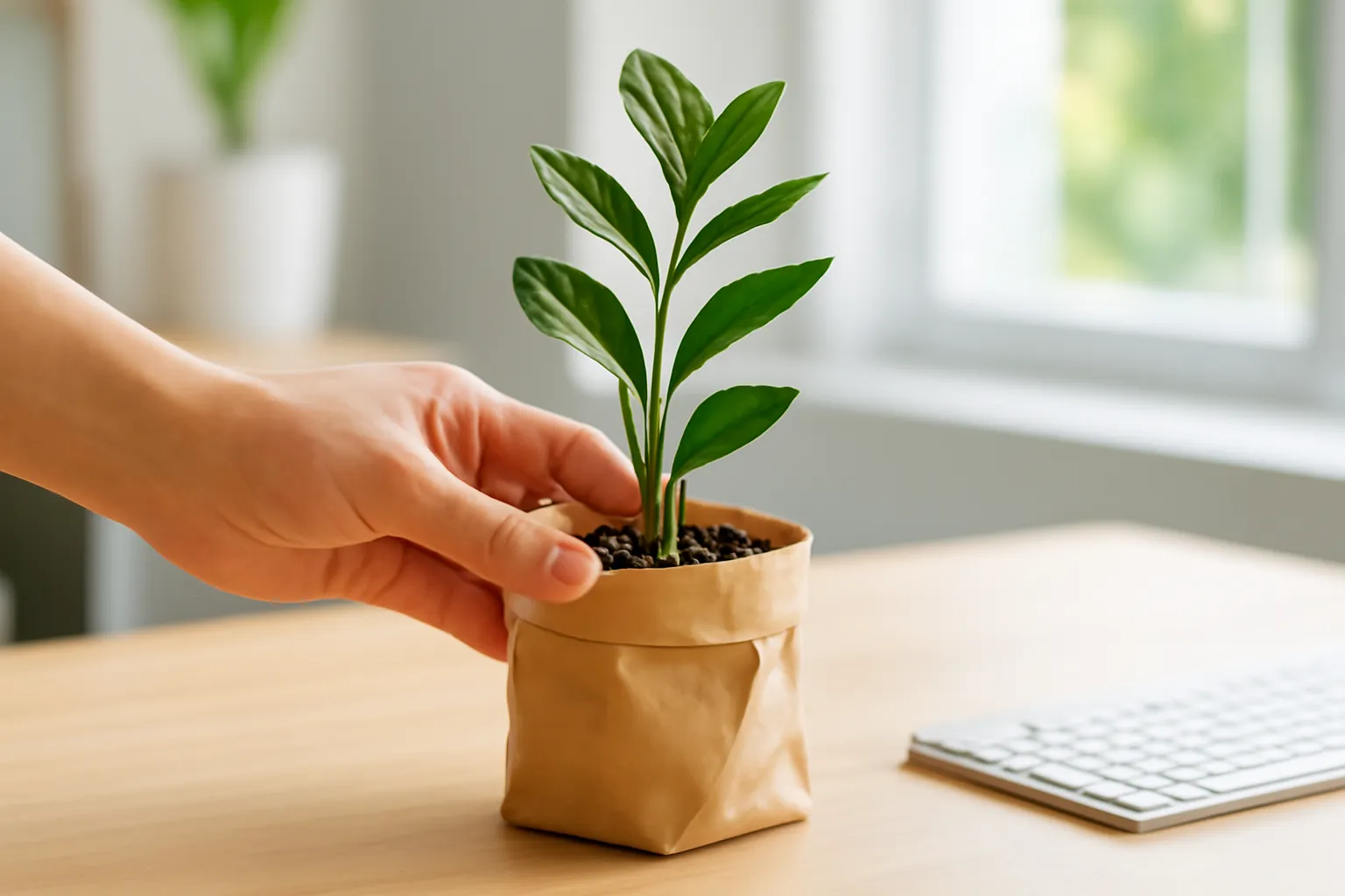 Bàn làm việc gỗ sáng, tay đặt xuống chậu kim tiền nhỏ bọc giấy kraft