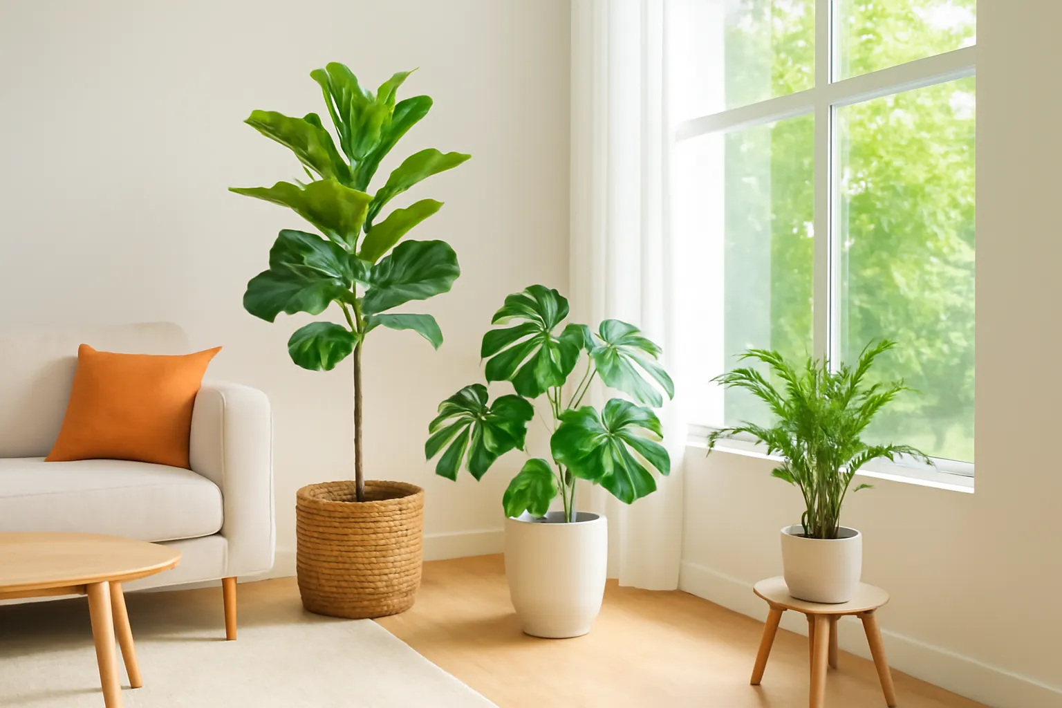 Ba chậu cây đặt ở ba khoảng cách khác nhau tính từ cửa sổ lớn