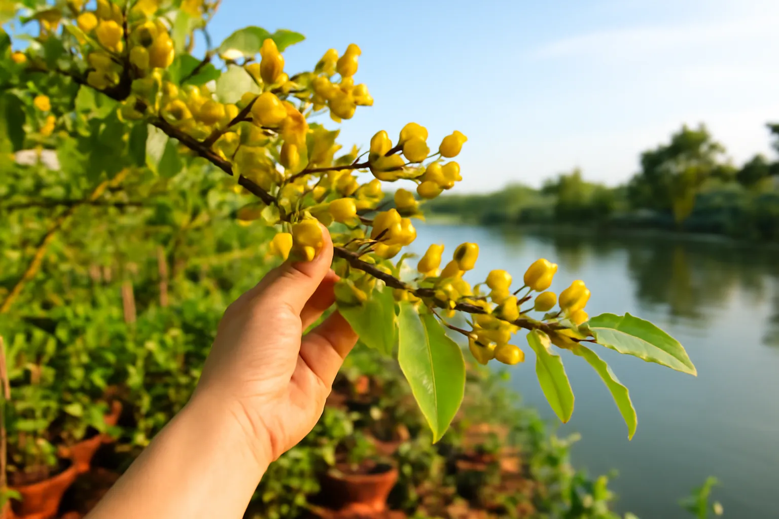 Tay nâng cành mai nhiều nụ hé vàng ở bãi cây ven sông cuối năm