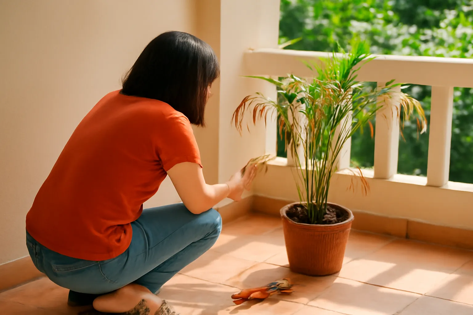 Người ngồi bên chậu cau tiểu trâm úa vàng, kéo và xẻng nhỏ bày quanh