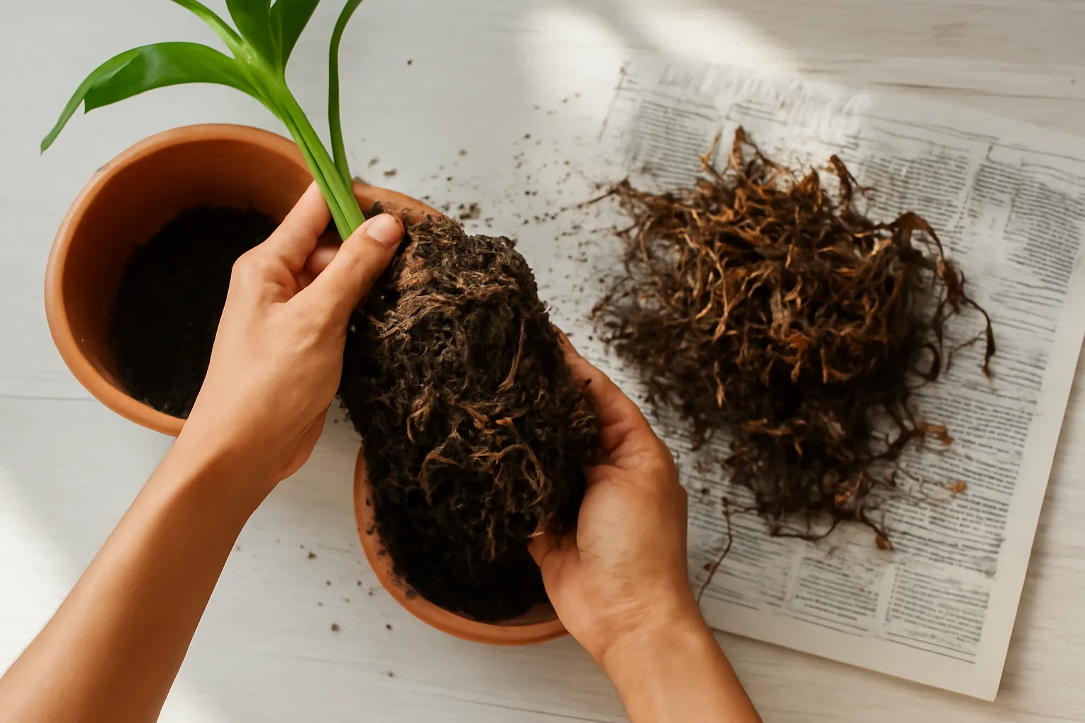 Hai bàn tay gỡ bầu đất ướt khỏi chậu, rễ nâu lộ ra trên báo