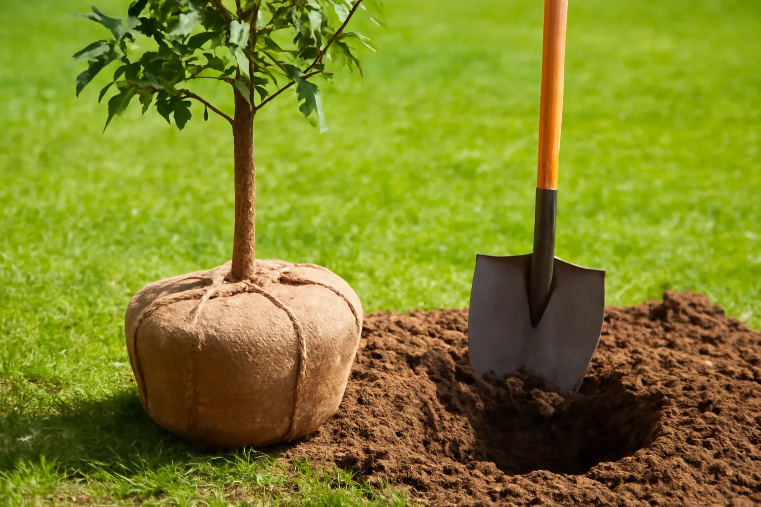 Bầu cây bọc bao tải đặt cạnh hố đất mới đào trong sân vườn