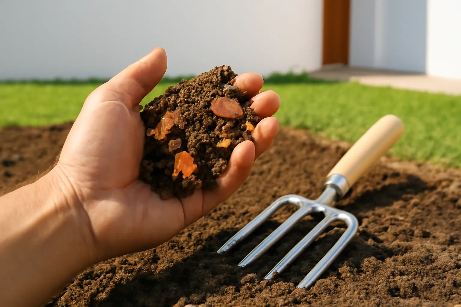 Bàn tay cầm nắm đất lẫn mảnh gạch vữa vừa xới lên ở góc sân