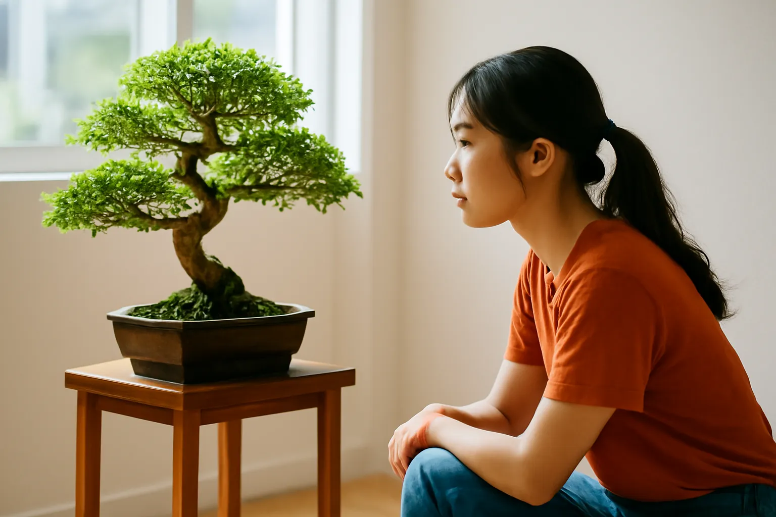 Người phụ nữ ngồi ngang tầm mắt ngắm cây thế nghiêng đặt trên đôn gỗ ở vựa