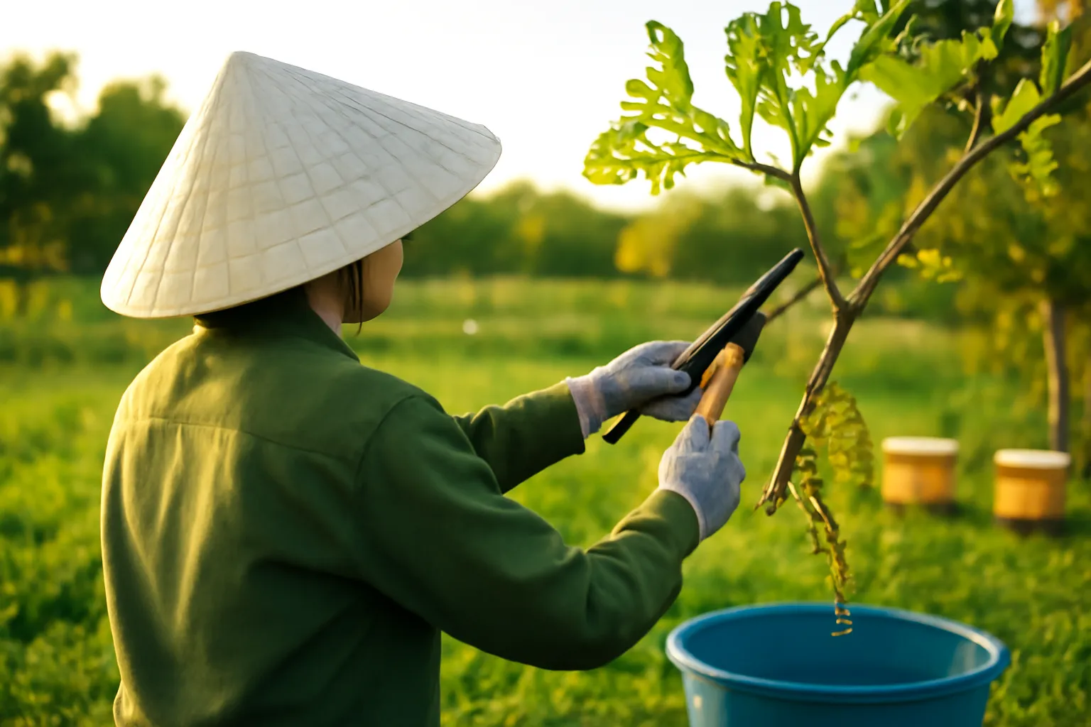 Người đội nón lá cắt cành bị sâu bỏ vào xô, thùng ong dú ở xa