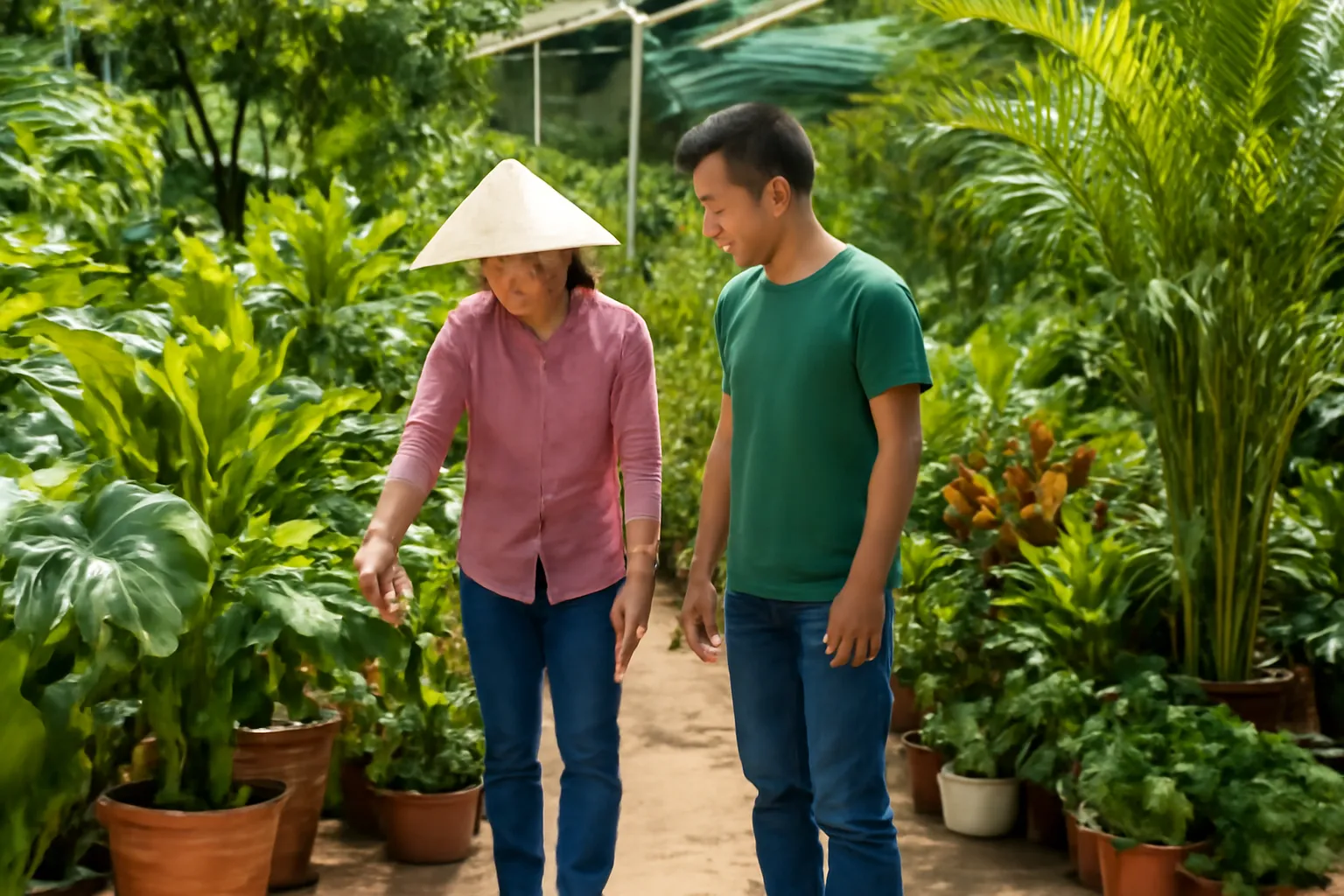 Người mua và người bán đứng bên dãy chậu cây lá, chỉ vào gốc cây
