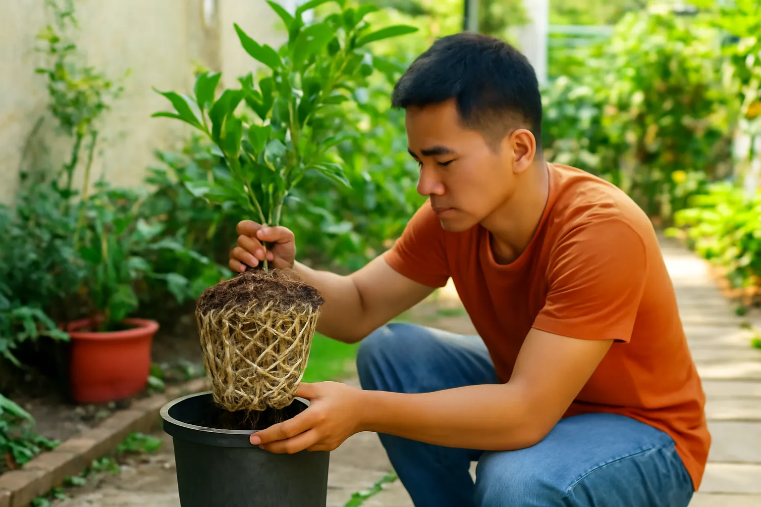 Người nghiêng mình nhấc bầu rễ trắng quấn tròn ra khỏi chậu nhựa