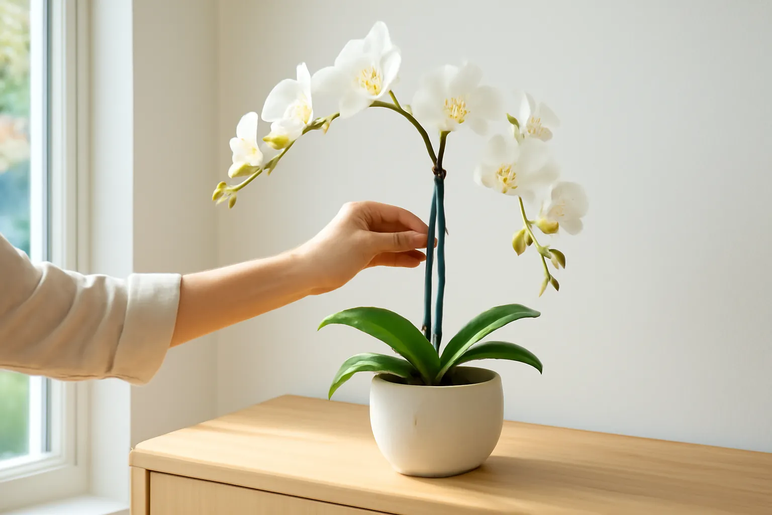 Chậu lan hồ điệp trắng nhiều cành trên kệ gỗ phòng khách sáng sủa