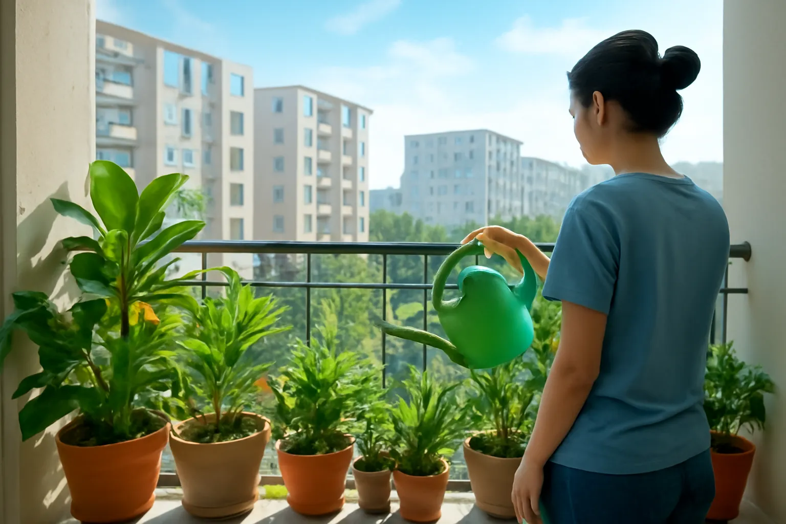 Góc ban công nhiều chậu cây, người tưới cây từ phía sau lưng buổi sáng