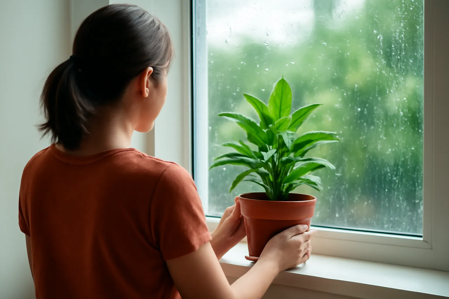 Người xoay chậu cây trên bậu cửa sổ, ngoài kính mưa lất phất