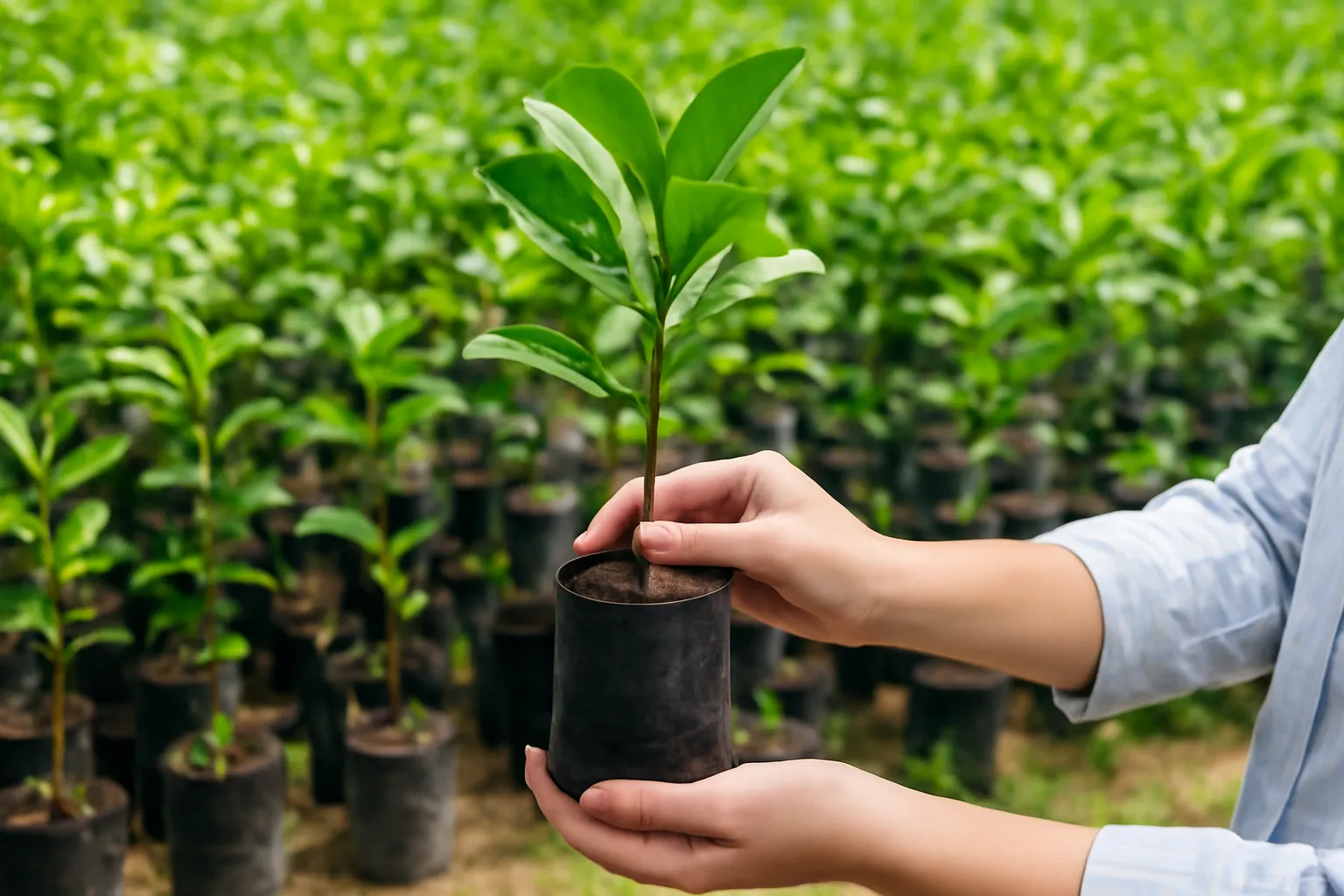 Đôi tay người mua nâng bầu cây bưởi ghép giữa dãy cây giống ở vựa