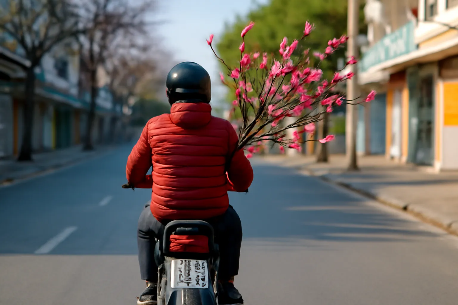 Người chở cành đào hồng sau xe máy, nhìn từ phía sau trên phố
