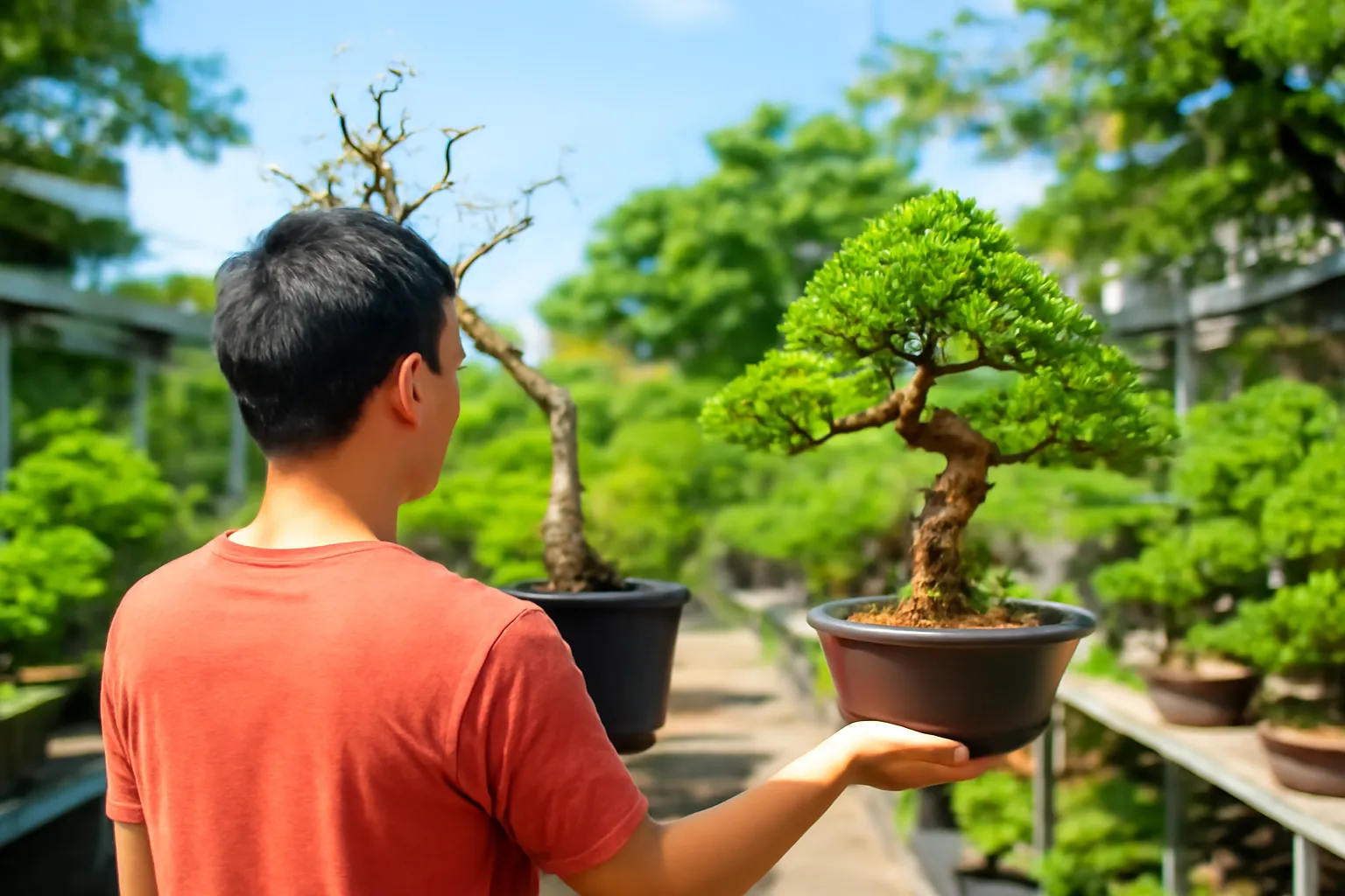 Người mua đứng giữa phôi gốc to trong chậu nhựa và cây thế thành phẩm trên kệ vựa
