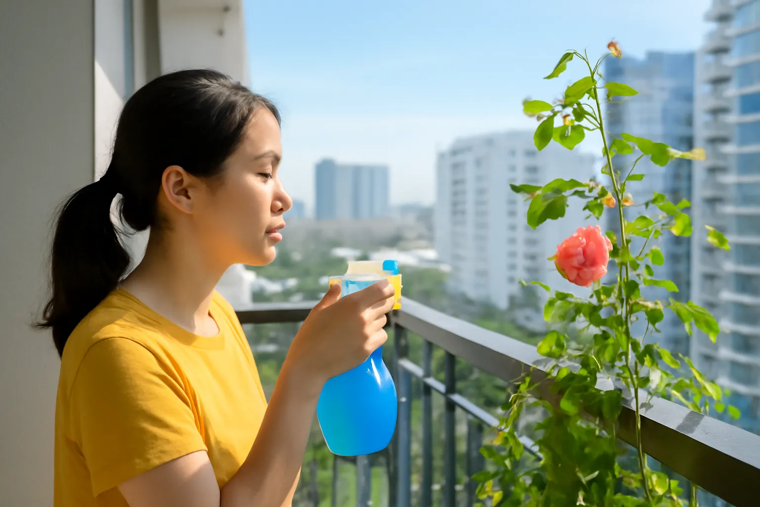 Người xịt phun sương vào mặt dưới lá hoa hồng leo ở ban công chung cư