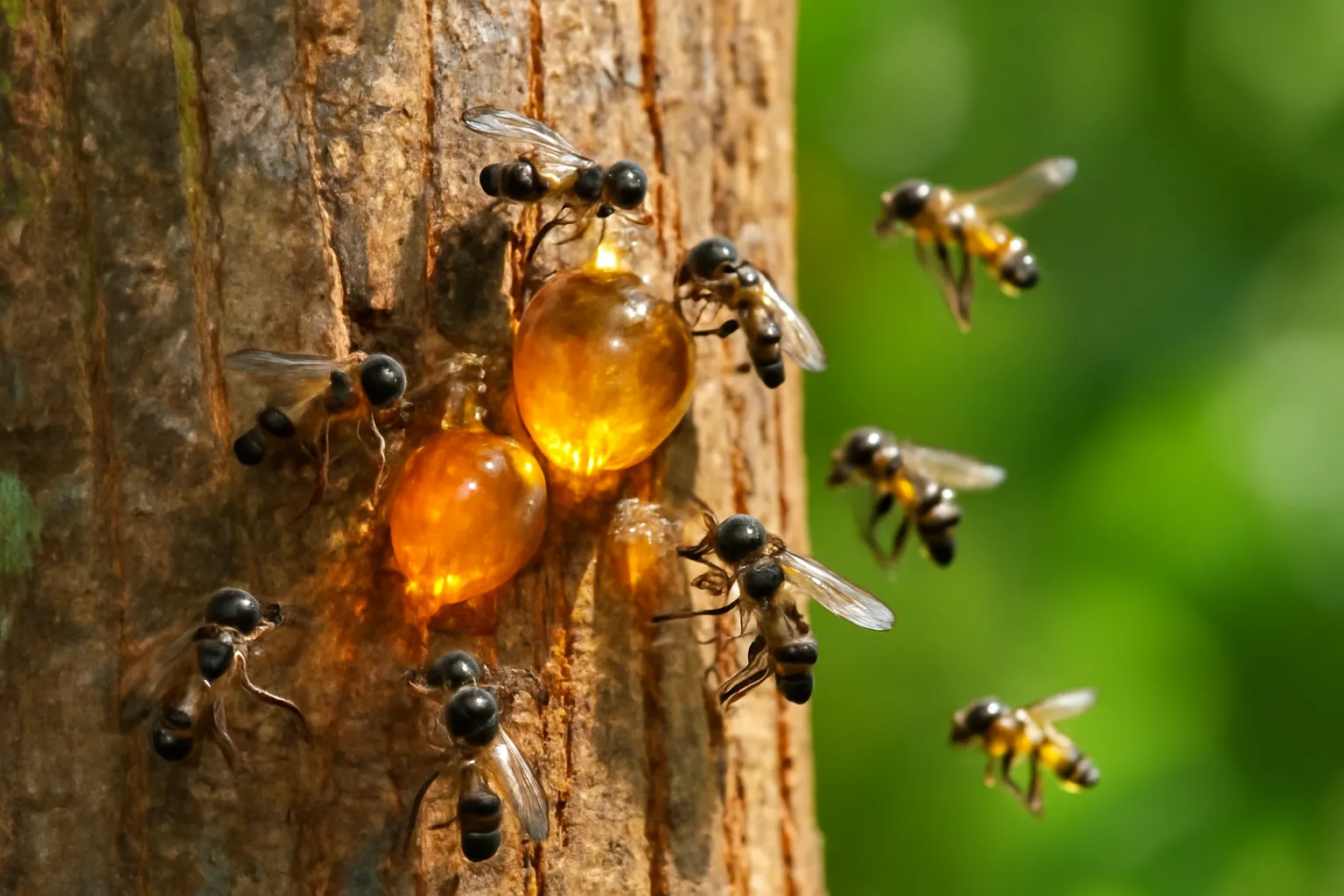 Ong dú bám quanh giọt nhựa trên vết xước vỏ thân cây xoài