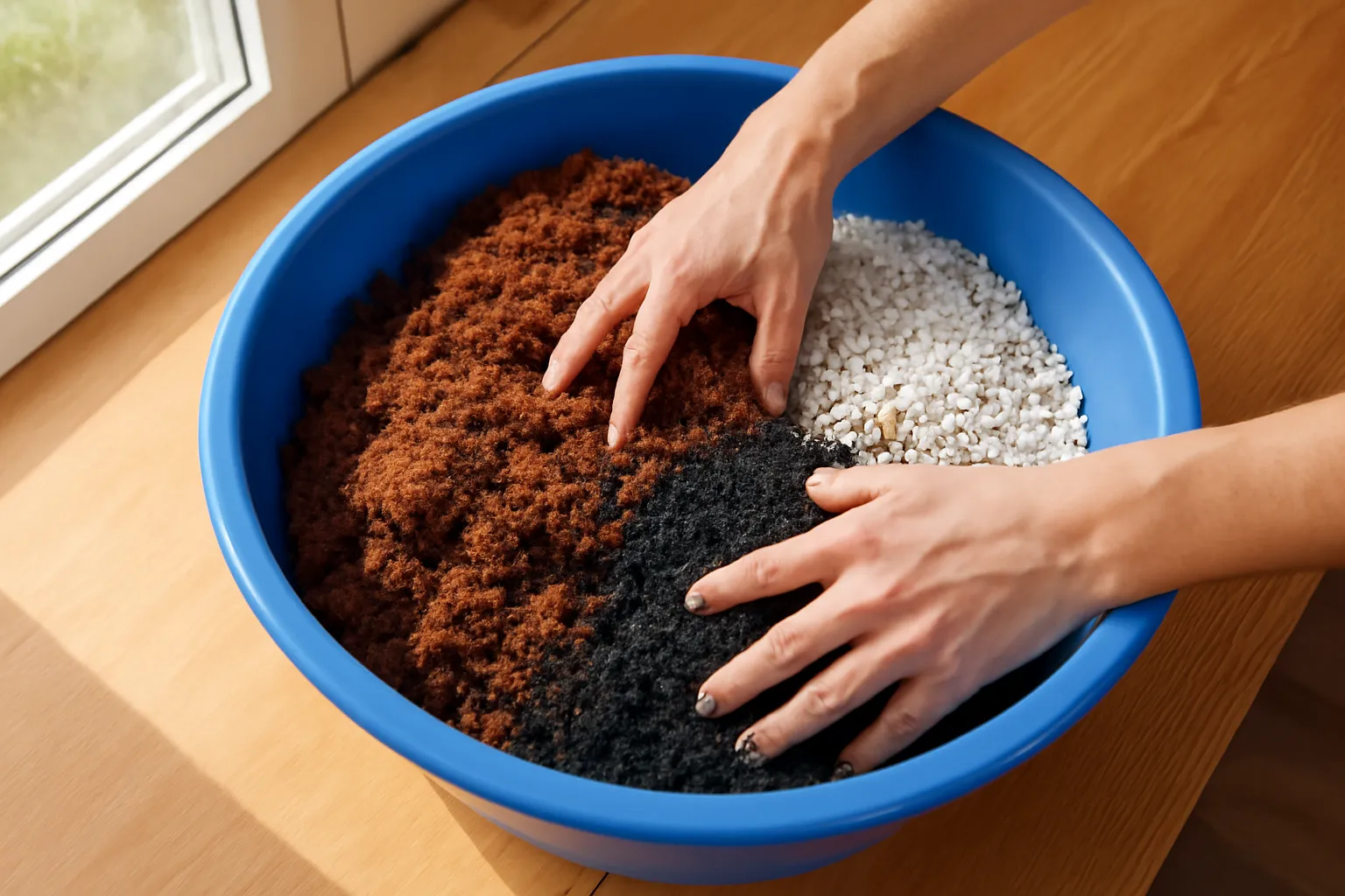 Hai bàn tay trộn xơ dừa, trấu hun và đá trắng trong chậu nhựa lớn
