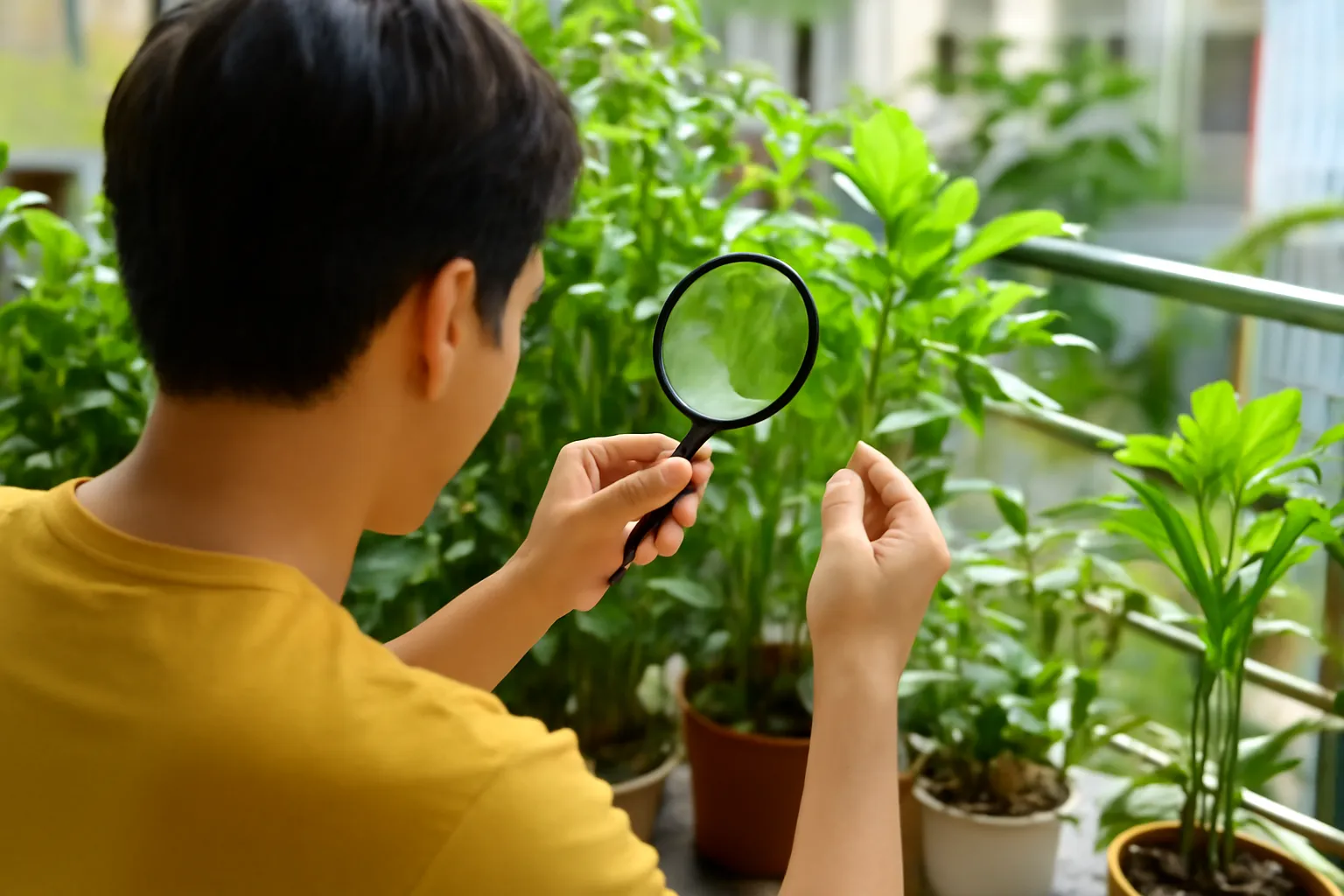 Người cầm kính lúp soi mặt dưới lá cây trong góc ban công nhiều chậu