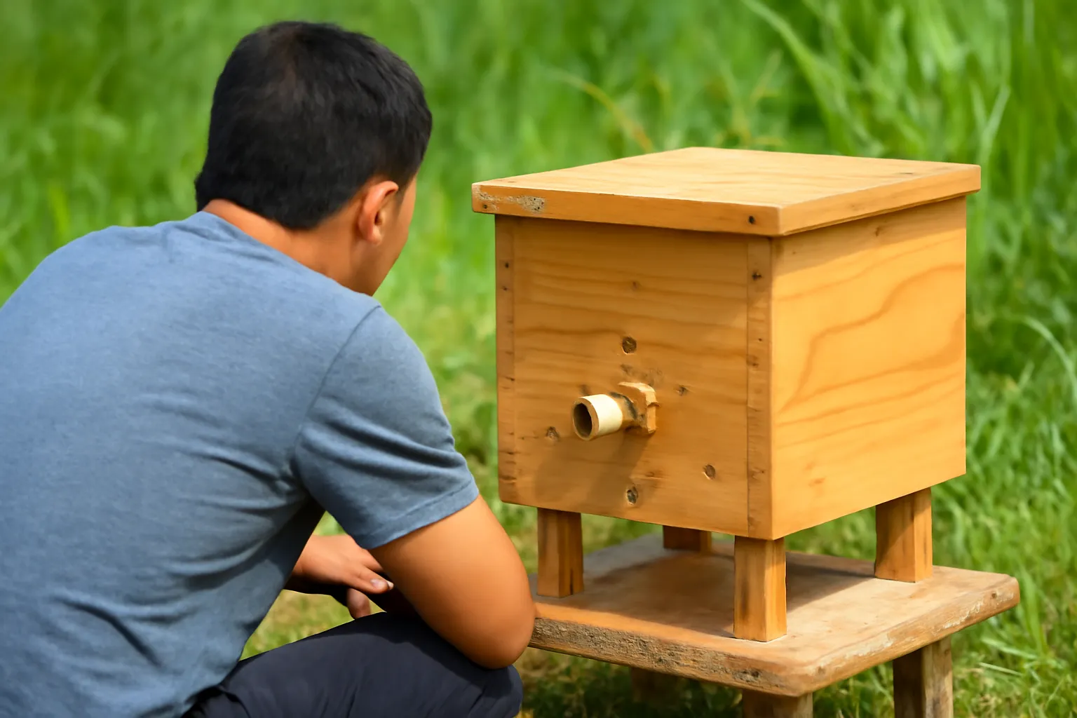 Người đàn ông ngồi cạnh thùng gỗ nhìn ong dú bay về ống cửa tổ