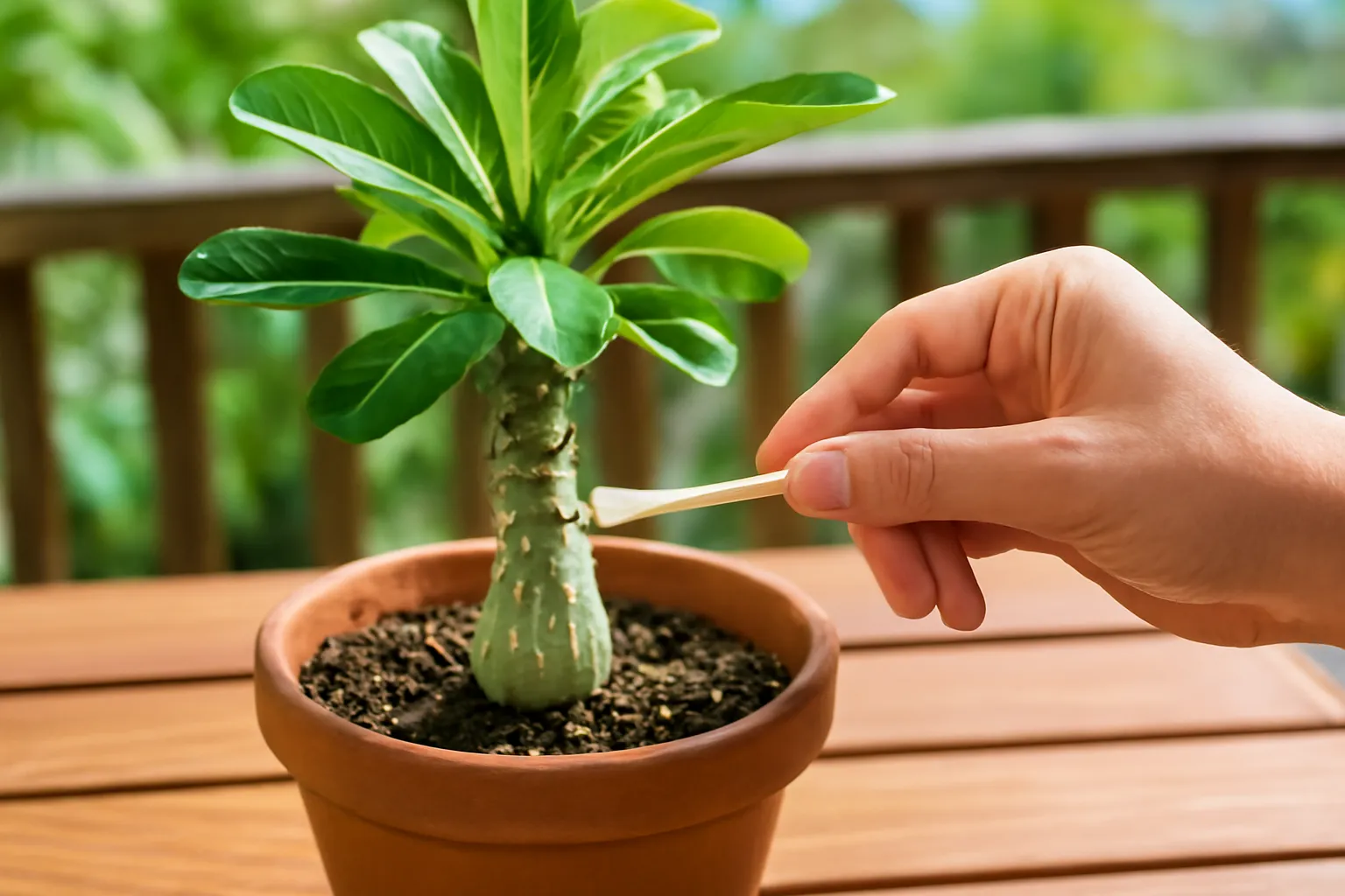 Tay cầm tăm bông lau cụm rệp sáp trắng trên cây sứ ở ban công