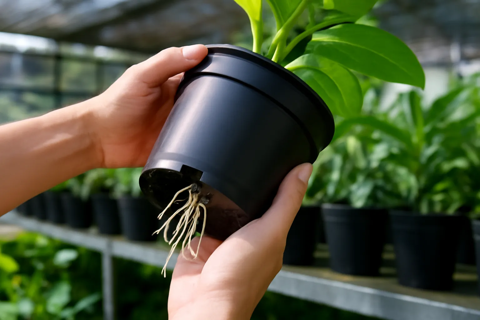 Hai bàn tay nghiêng chậu nhựa đen, rễ trắng lộ ra ở lỗ đáy