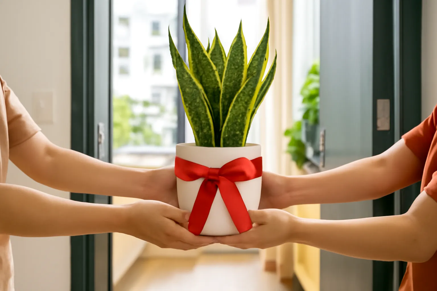 Hai tay trao chậu lưỡi hổ thắt nơ vải trước cửa căn hộ
