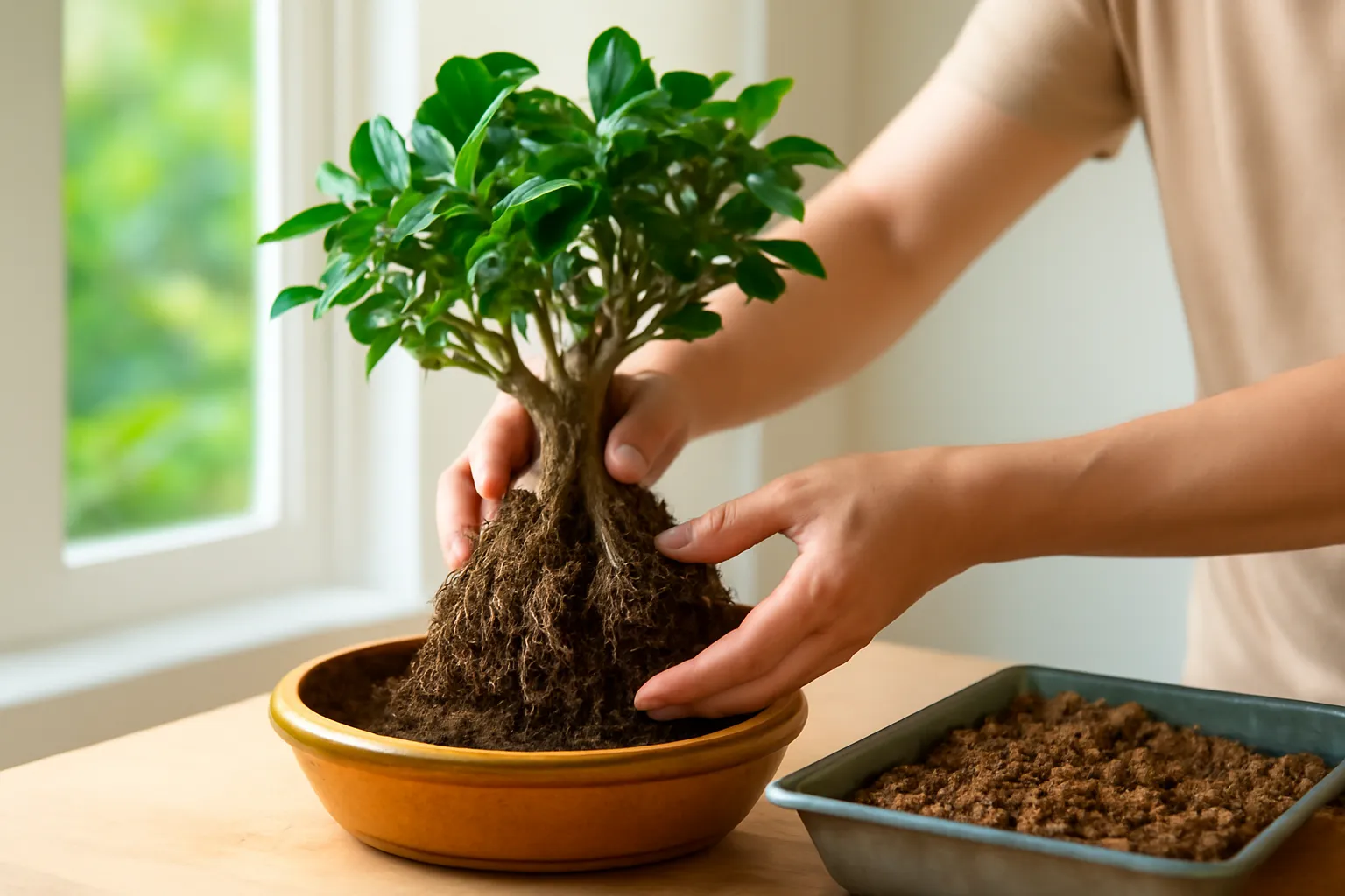 Đôi tay nhấc bầu rễ cây si khỏi chậu sứ nông cạnh khay giá thể hạt thô