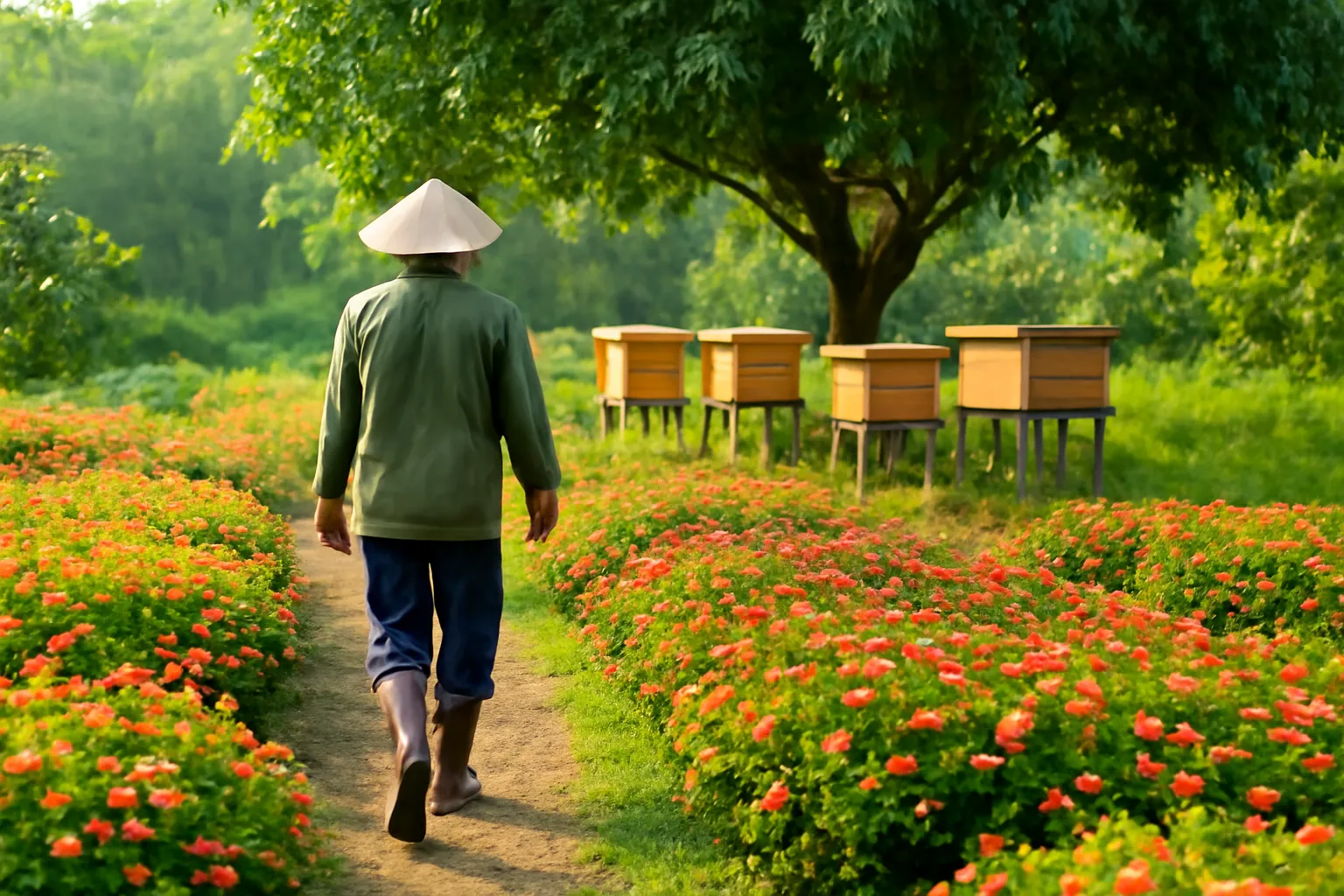 Người làm vườn đi giữa luống hoa nhỏ, phía xa vài thùng ong dú dưới tán xoài
