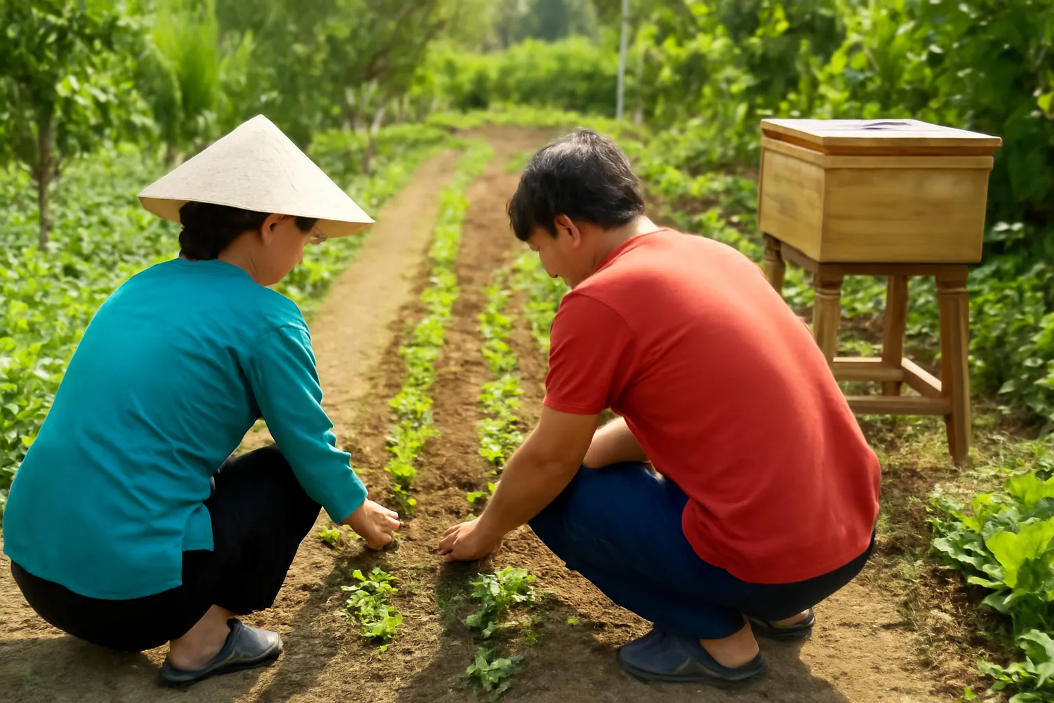 Hai người trồng cây con dọc lối đi cạnh thùng ong gỗ còn trống