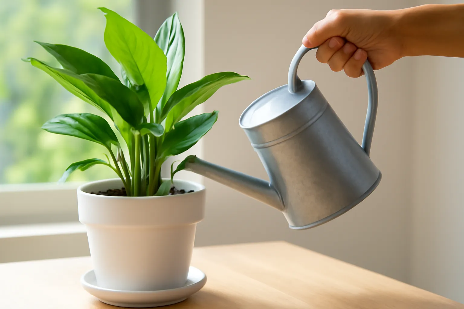 Tay cầm bình tưới vòi dài rót nước sát gốc chậu sứ trắng