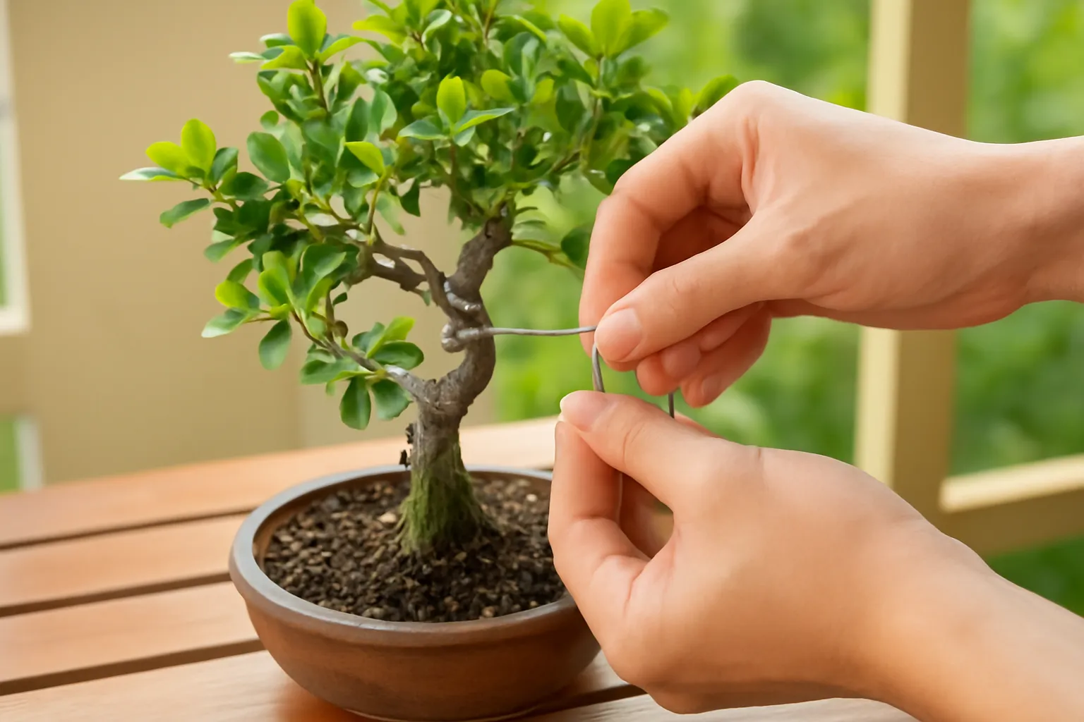 Đôi tay quấn dây nhôm quanh cành cây mai chiếu thuỷ trên bàn gỗ ban công