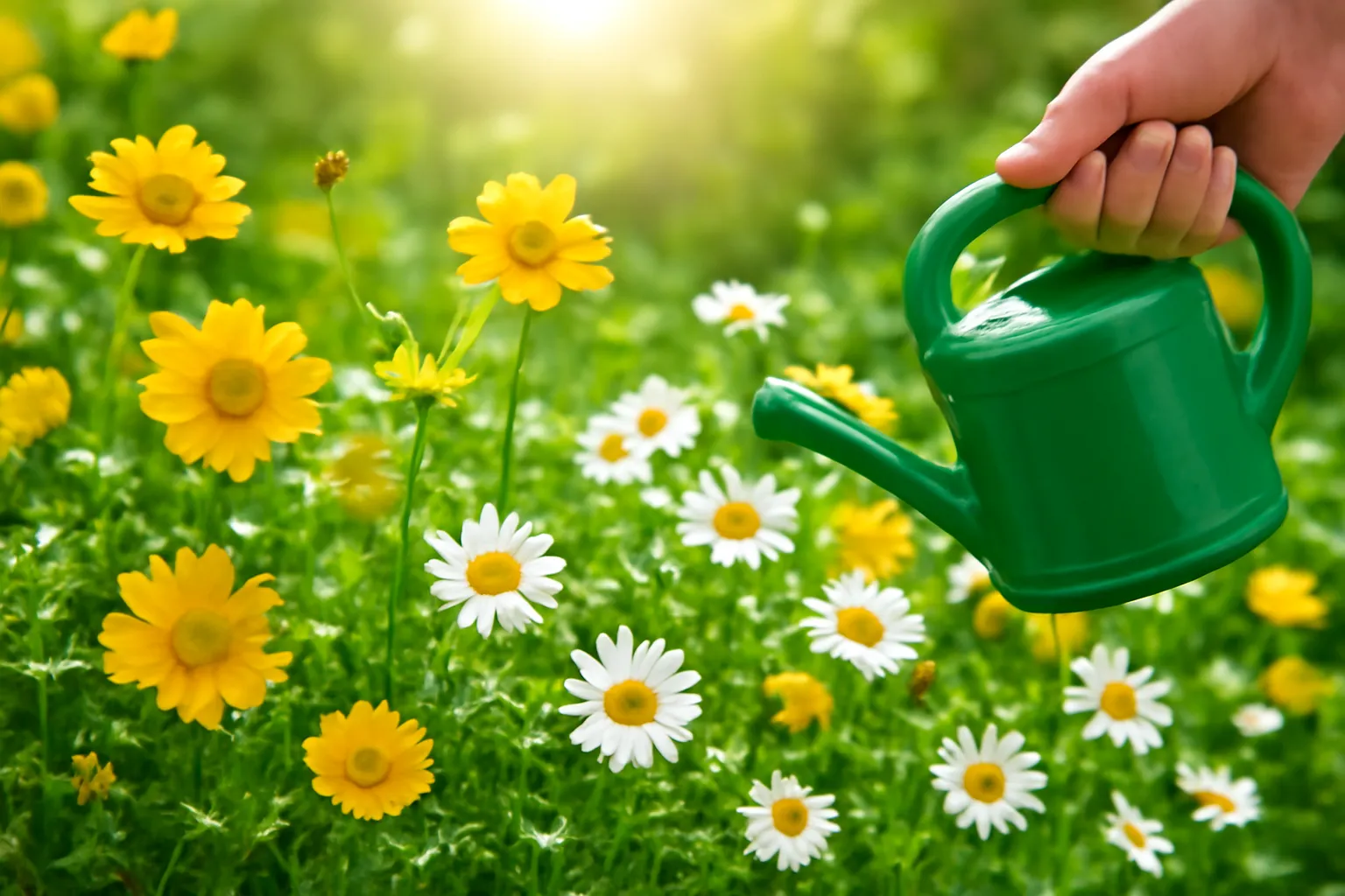Luống hoa sao nhái và xuyến chi còn ướt mưa, cạnh đó một bình tưới